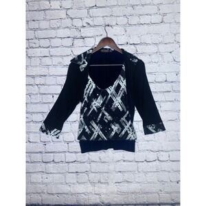 Piccadilly Fashions Black White Print Layered Top M M‎ Made In Canada